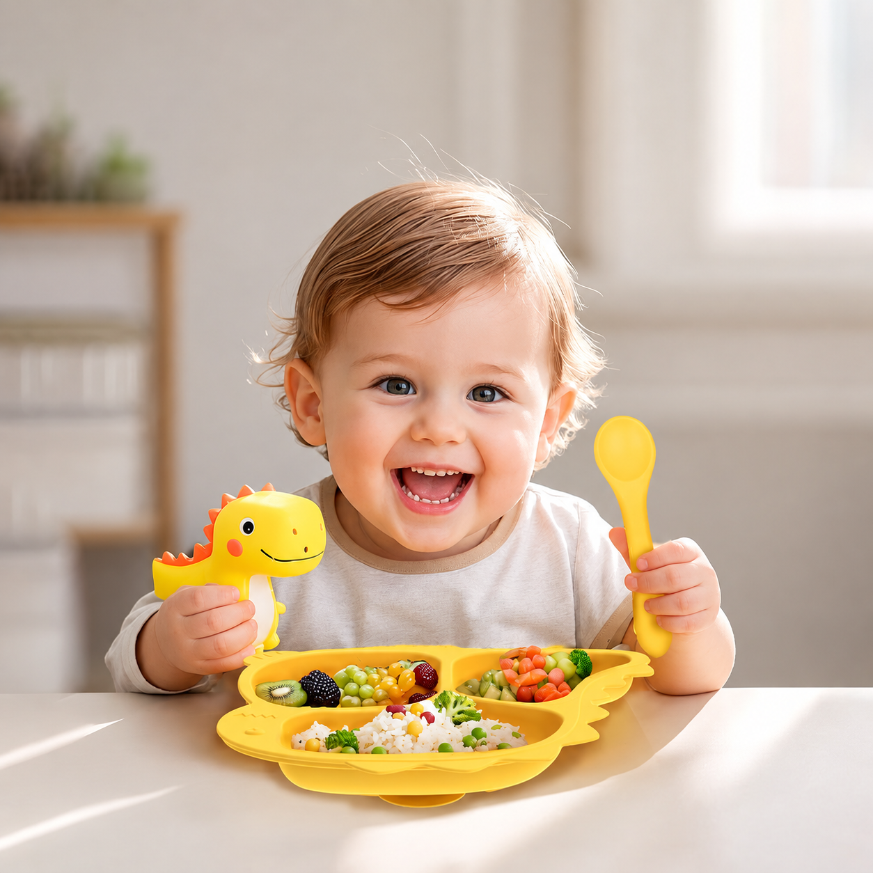 Child using a dinosaur silicone feeding plate
