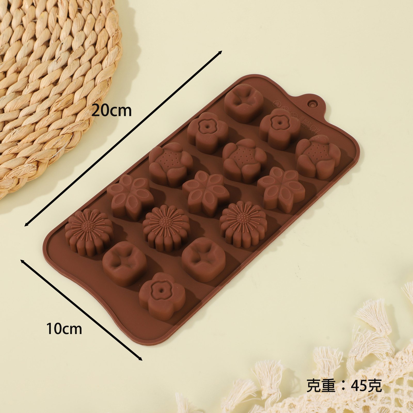 Chocolate pieces formed with flexible silicone molds