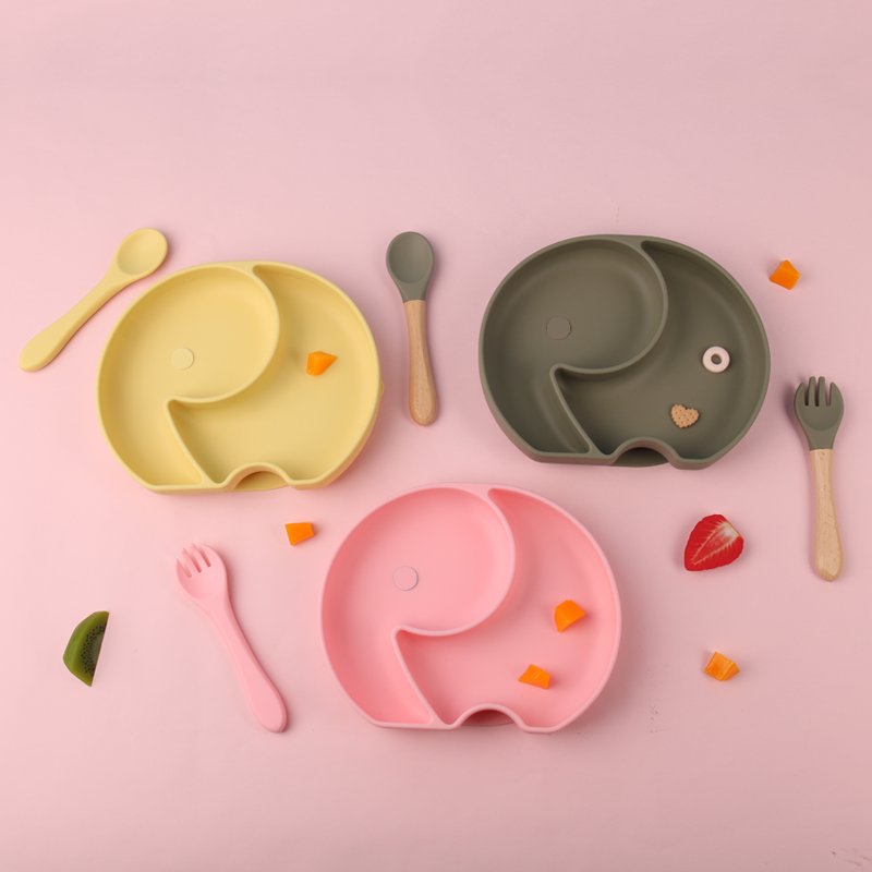 Elephant silicone baby plates with utensils